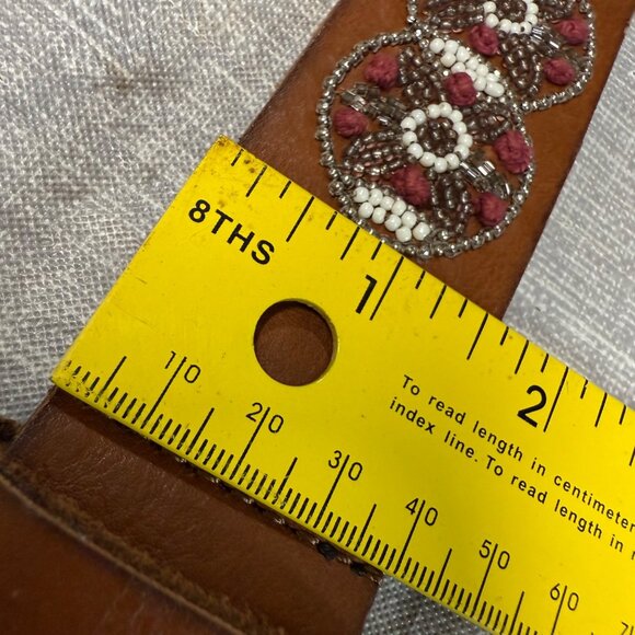 Lucky Brand Brown Leather Beaded Belt Silver-Tone Buckle & Floral Design Size S - Picture 9 of 16